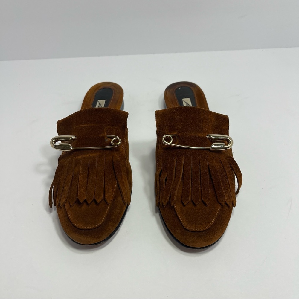 Brian Atwood Luna Brown Safety Pin Fringe Suede Mule Slides SZ 6.5 - Picture 2 of 7